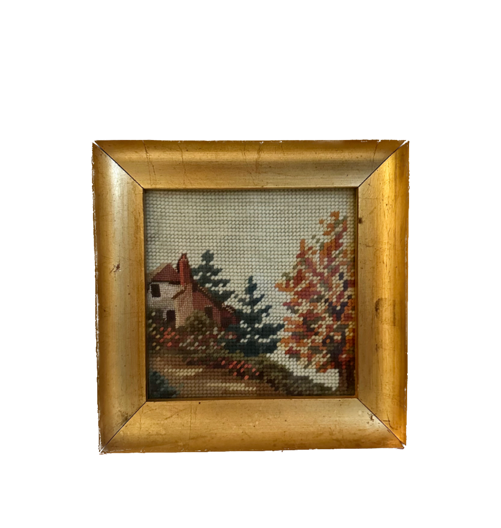 Vintage Fall Scene Needlepoint in Gold Frame