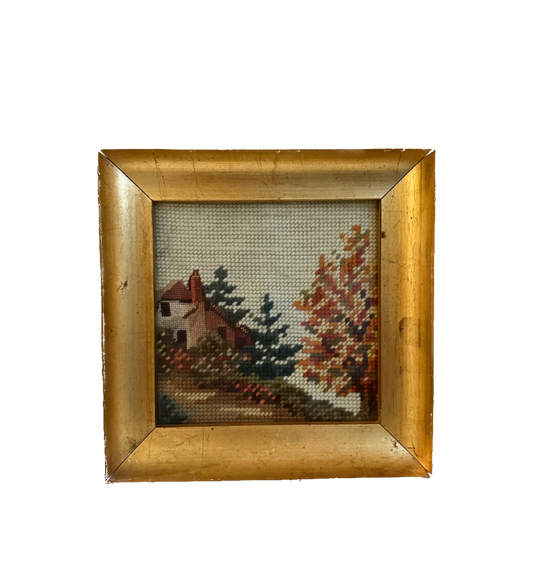 Vintage Fall Scene Needlepoint in Gold Frame