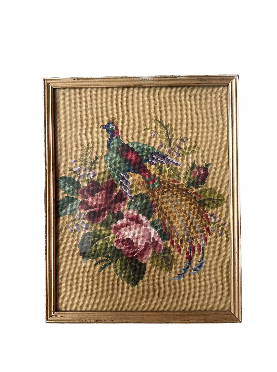Vintage Victorian Pheasant with Roses Framed Needlepoint