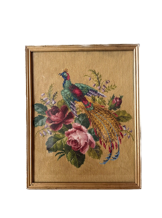 Vintage Victorian Pheasant with Roses Framed Needlepoint