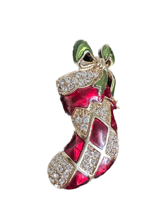 Vintage Jeweled Enamel Christmas Stocking Pin