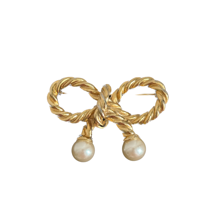 Vintage Gold Bow Pin with Pearls
