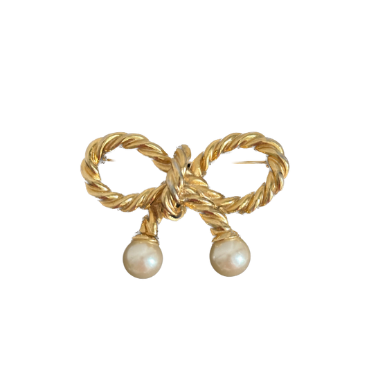 Vintage Gold Bow Pin with Pearls