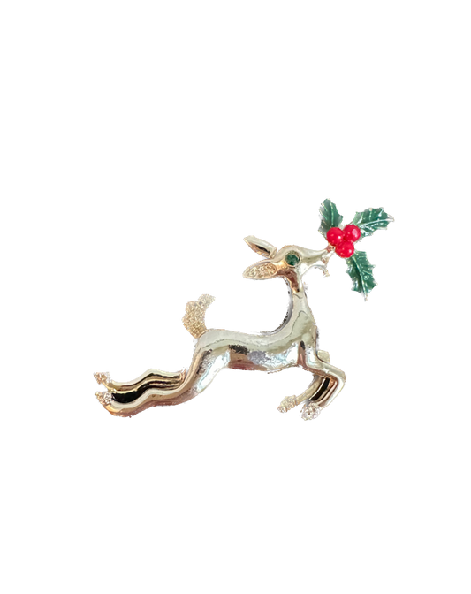 Vintage Silver Reindeer with Holly Pin