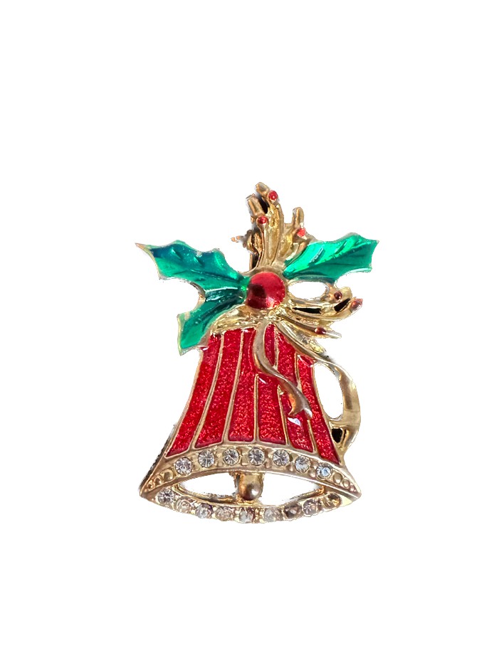 Vintage Rhinestone Gold Enamel Christmas Bell Pin