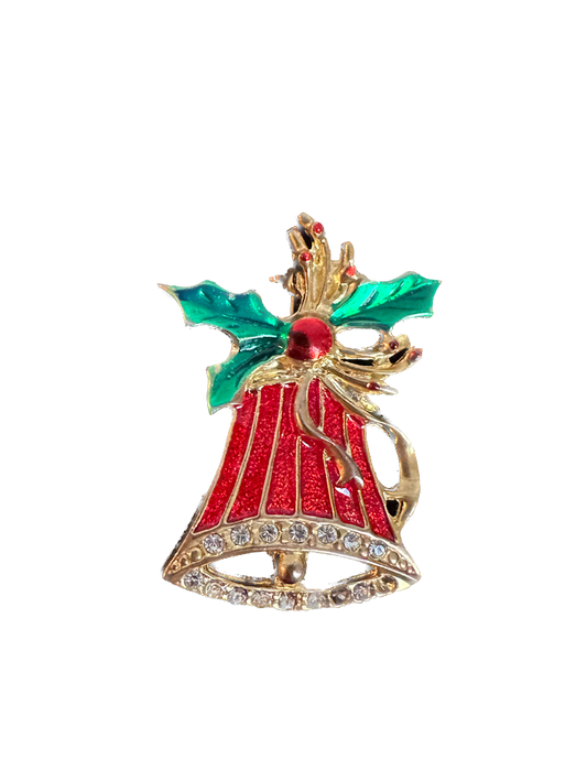 Vintage Rhinestone Gold Enamel Christmas Bell Pin
