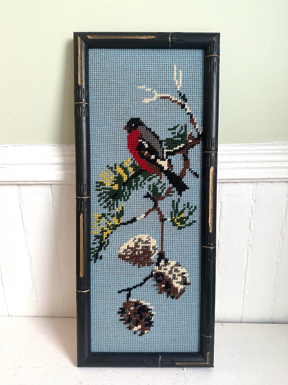 Vintage Eurasian Bullfinch Bird Framed Needlepoint