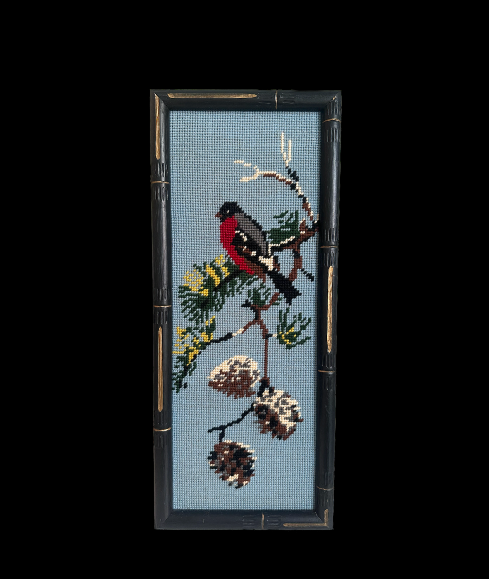 Vintage Eurasian Bullfinch Bird Framed Needlepoint