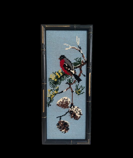 Vintage Eurasian Bullfinch Bird Framed Needlepoint