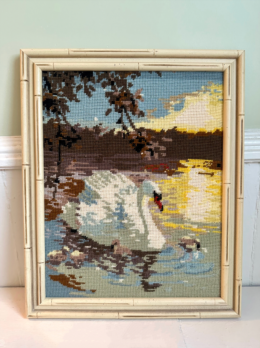Vintage Swan Needlepoint in White Bamboo Frame