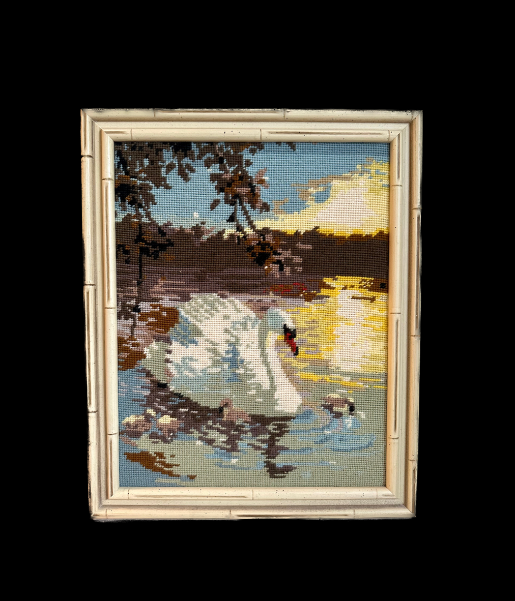 Vintage Swan Needlepoint in White Bamboo Frame