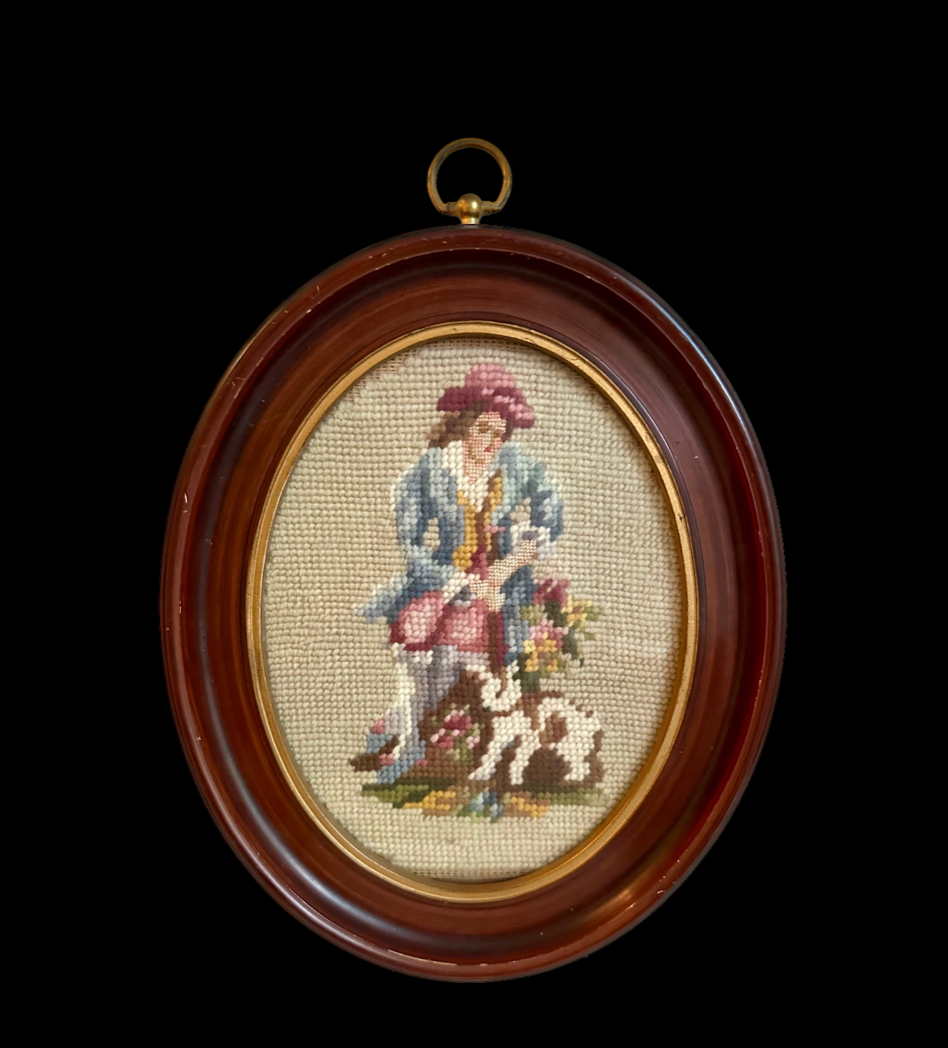 Vintage Victorian Man with Dog Framed Needlepoint