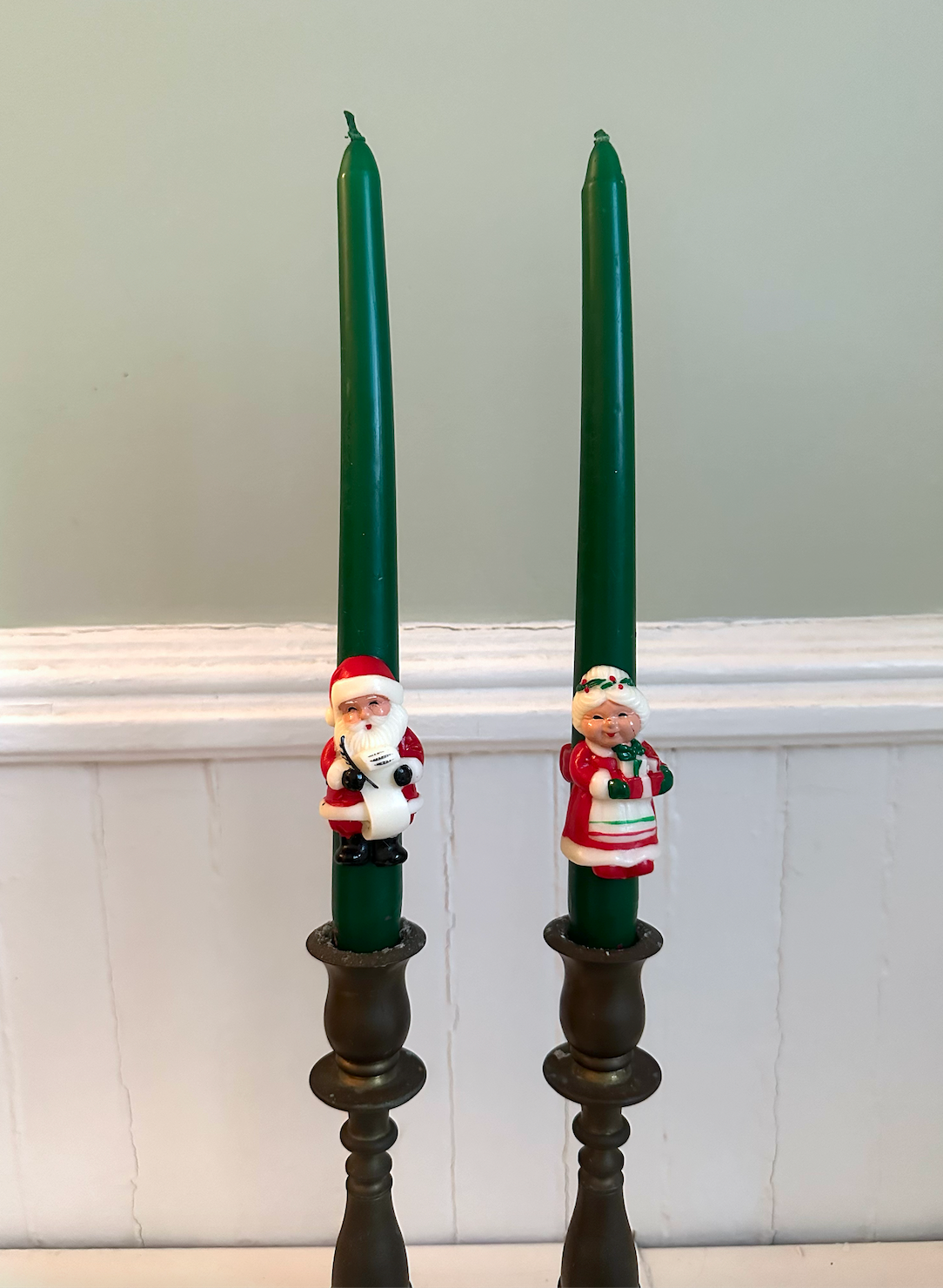 Vintage Santa Claus and Mrs. Claus Green Taper Candles