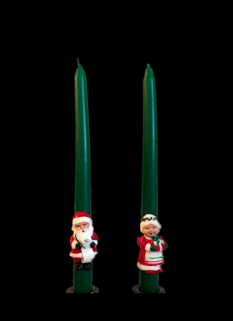 Vintage Santa Claus and Mrs. Claus Green Taper Candles