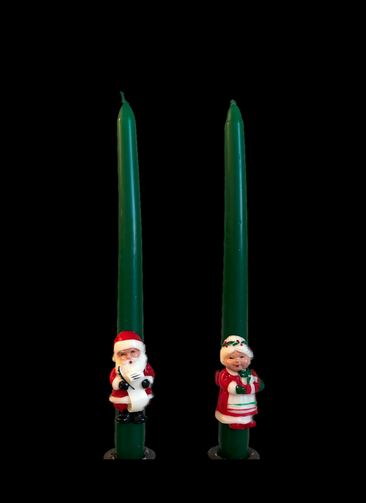 Vintage Santa Claus and Mrs. Claus Green Taper Candles
