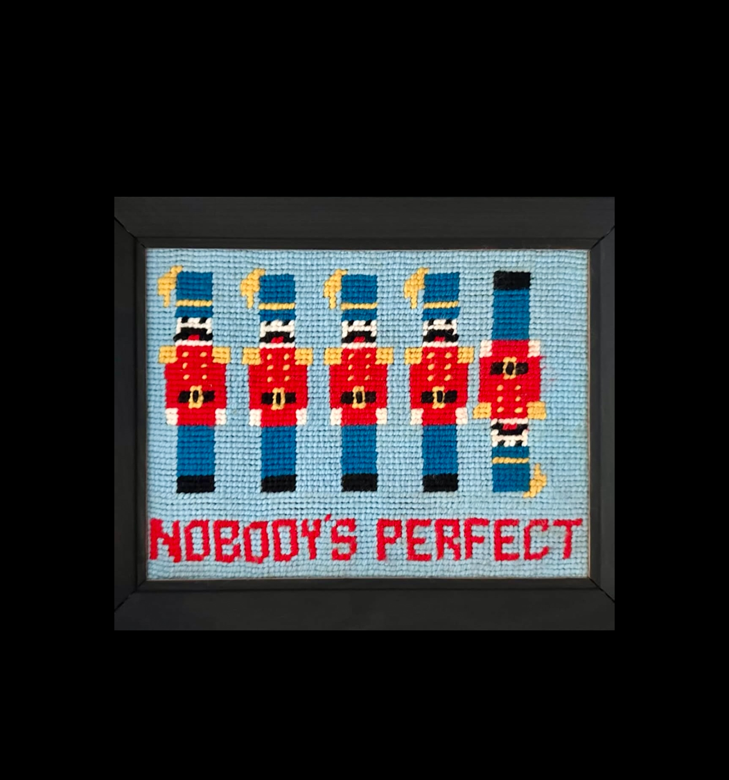 Vintage "Nobody's Perfect" Toy Soldiers Framed Needlepoint