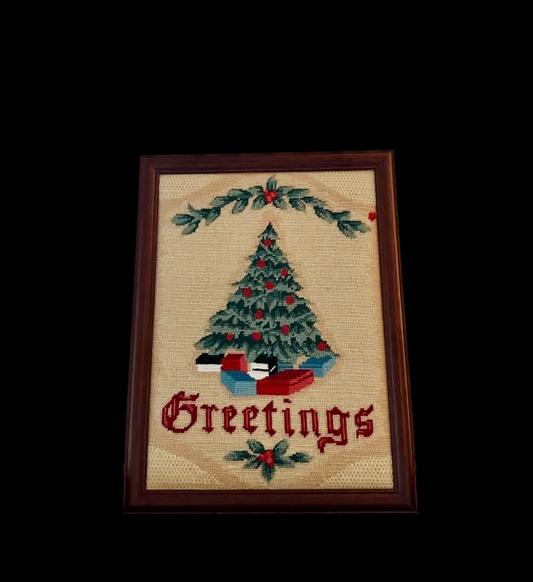 Vintage "Greetings" Christmas Tree Framed Needlepoint