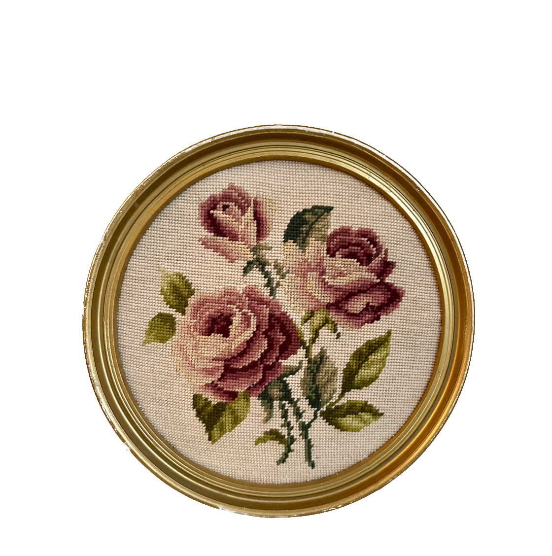 Vintage Rose Needlepoint in Gold Circular Frame