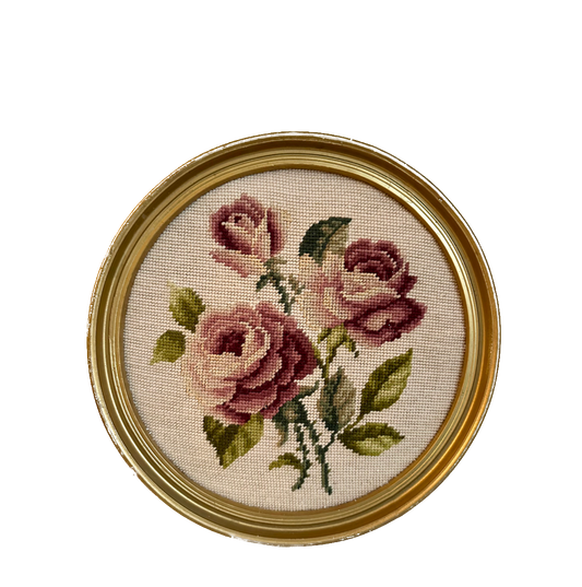 Vintage Rose Needlepoint in Gold Circular Frame