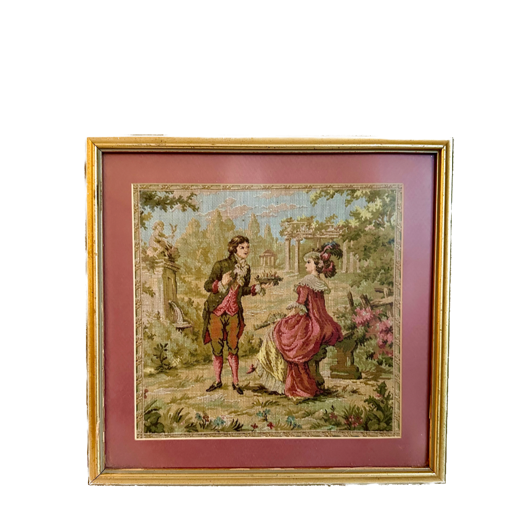 Vintage Courting Couple Framed Tapestry Needlepoint
