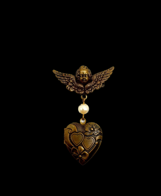 Vintage Angel Cherub Heart Locket Pin