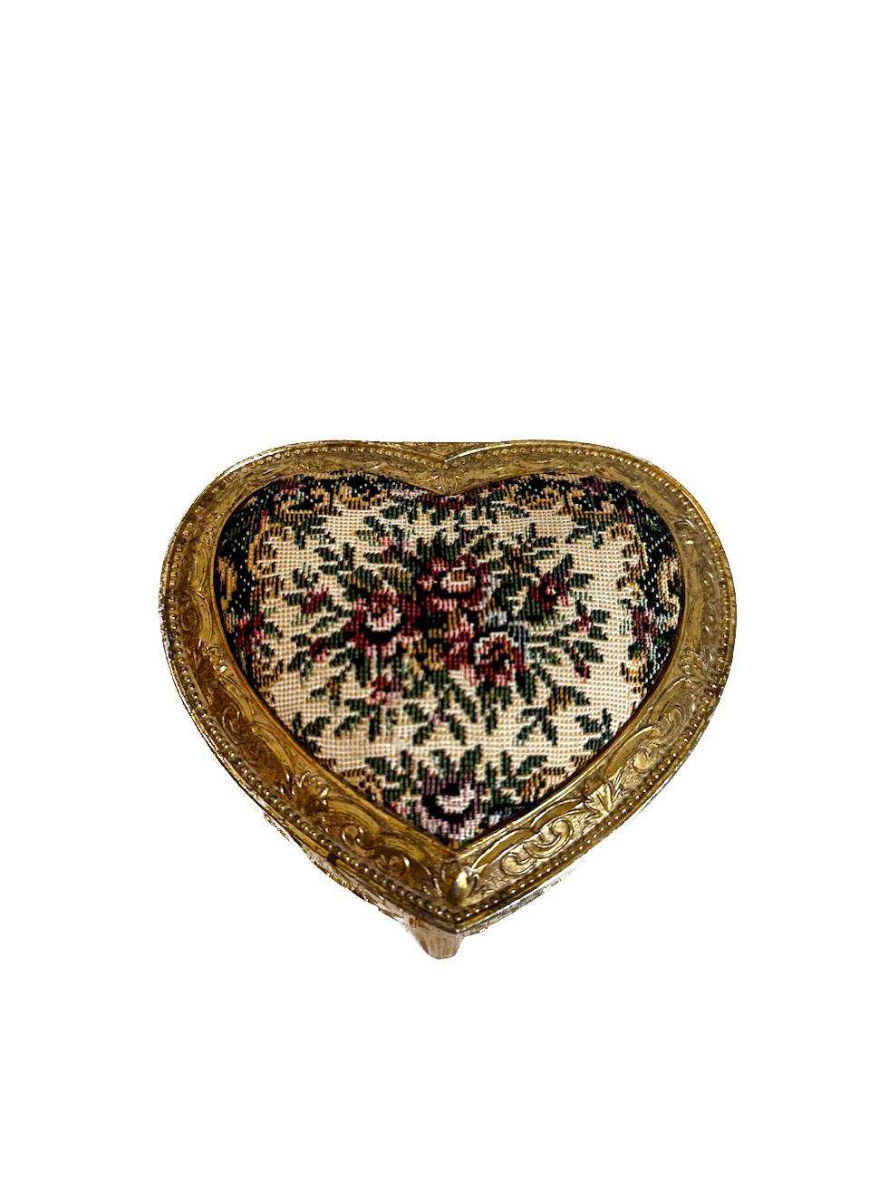 Vintage Gold Needlepoint Heart Trinket Jewelry Box