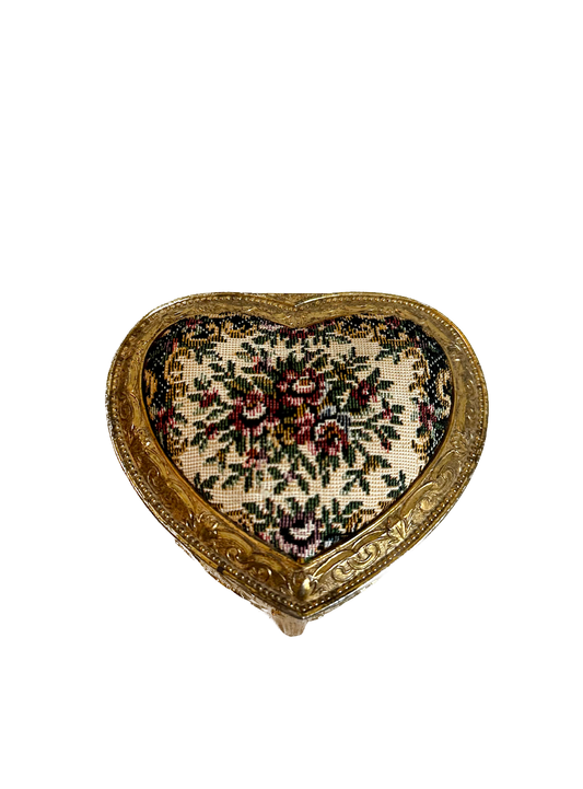 Vintage Gold Needlepoint Heart Trinket Jewelry Box