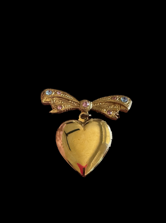 Vintage Heart Bow Locket Pin with Multicolor Jewels