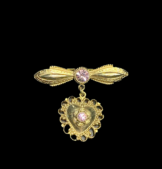 Vintage Gold Heart Pin with Pink Jewels