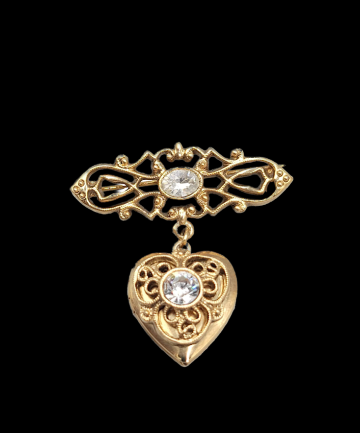 Vintage Heart Locket Pin with Clear Jewels