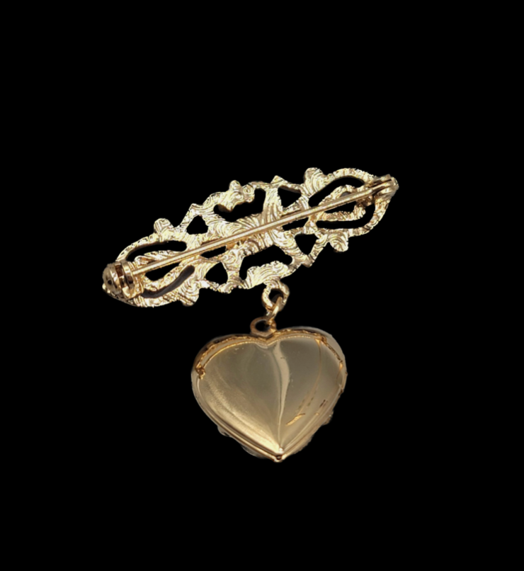 Vintage Heart Locket Pin with Clear Jewels