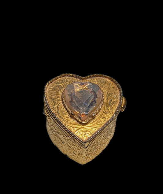 Vintage Gold Florenza Mini Heart Pill Box with Heart Charm