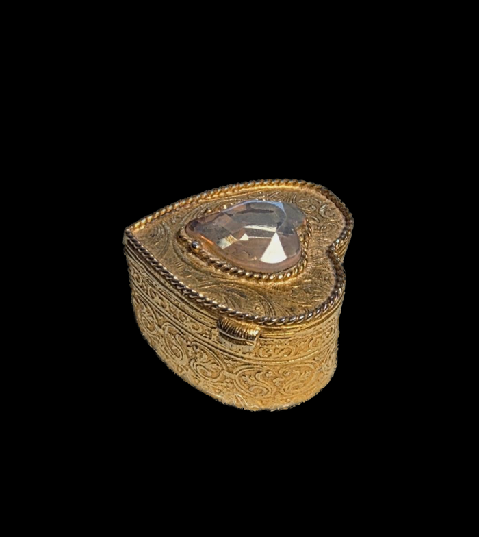 Vintage Gold Florenza Mini Heart Pill Box with Heart Charm