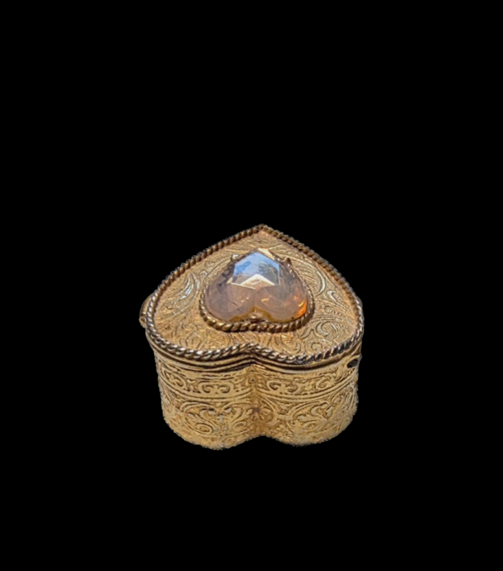 Vintage Gold Florenza Mini Heart Pill Box with Heart Charm