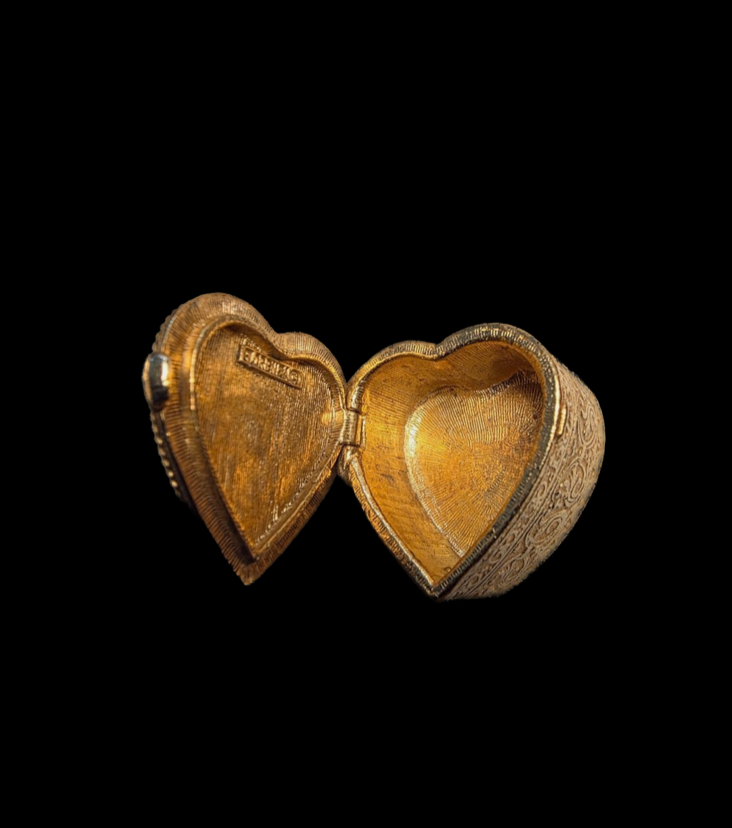 Vintage Gold Florenza Mini Heart Pill Box with Heart Charm