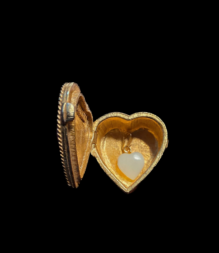 Vintage Gold Florenza Mini Heart Pill Box with Heart Charm