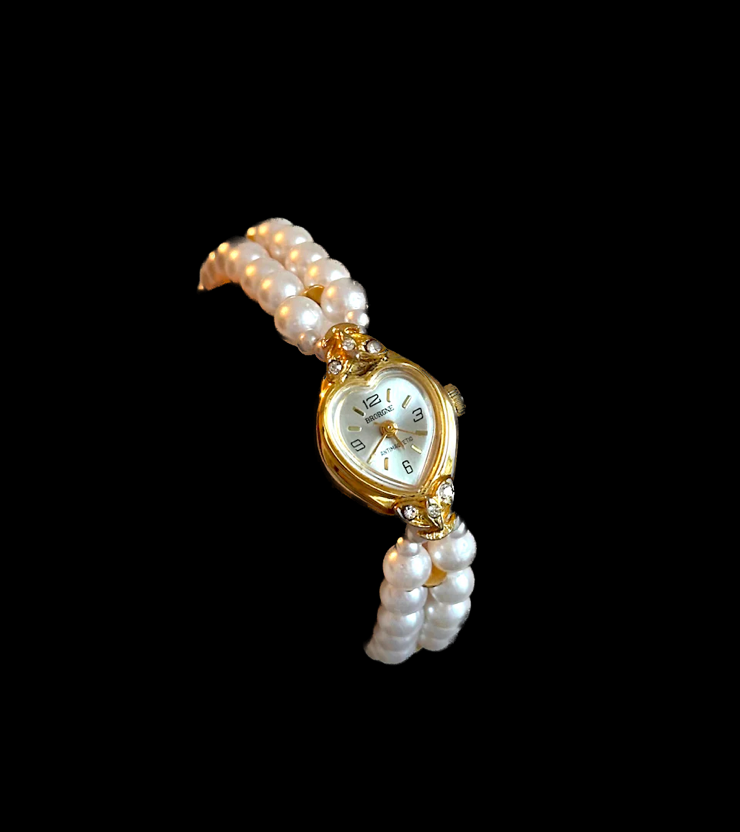 Vintage Gold Heart Watch with Double Strand Pearl Band