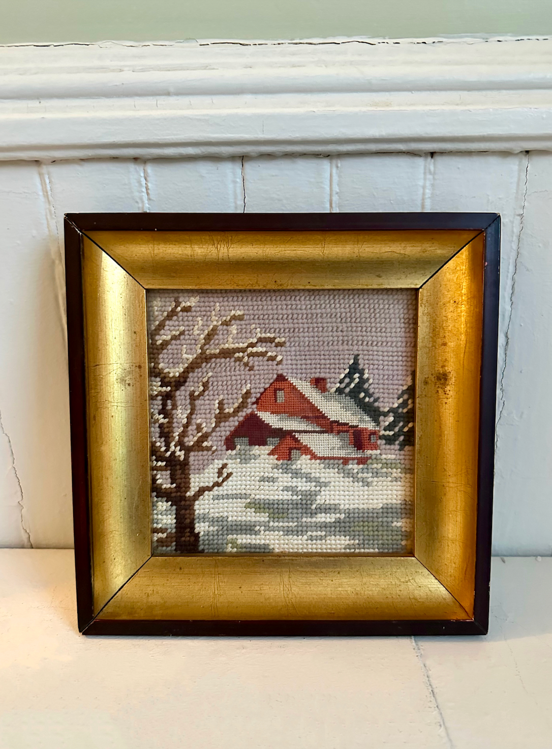 Vintage Winter Scene Needlepoint in Gold Frame