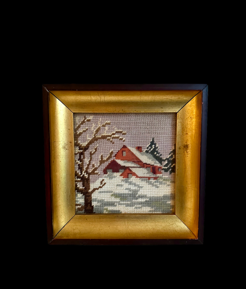 Vintage Winter Scene Needlepoint in Gold Frame
