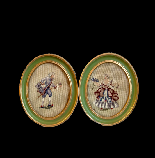 Vintage Pair of Courting Couple Framed Needlepoints