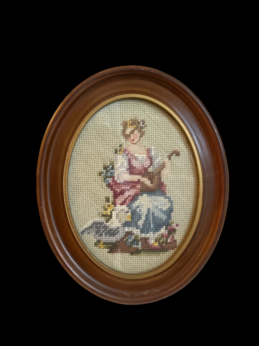 Vintage Girl Playing Mandolin with Swan Framed Needlepoint