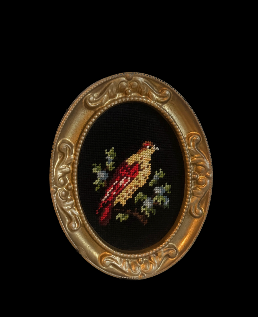 Vintage Bird Needlepoint in Gold Frame
