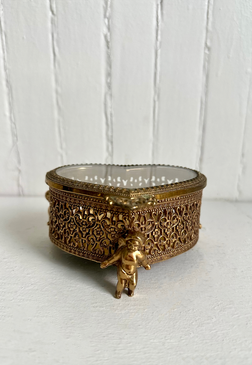 Vintage Gold Heart Trinket / Jewelry Box with Cherubs