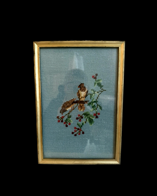 Vintage Perched Birds Framed Needlepoint