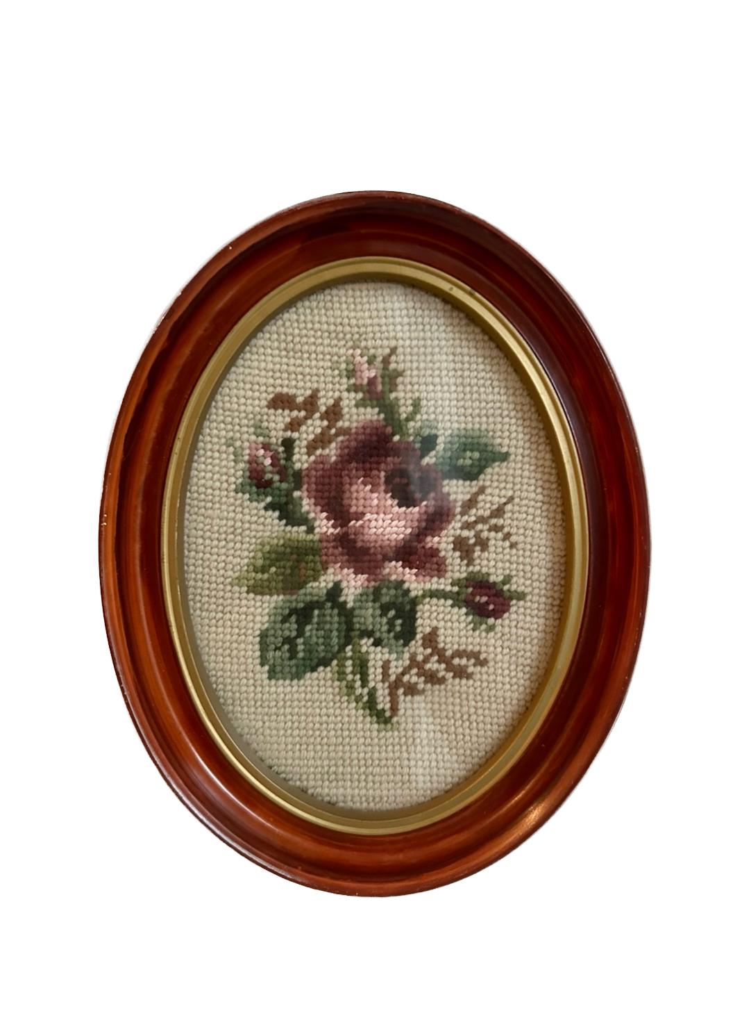 Vintage Oval Rose Framed Needlepoint
