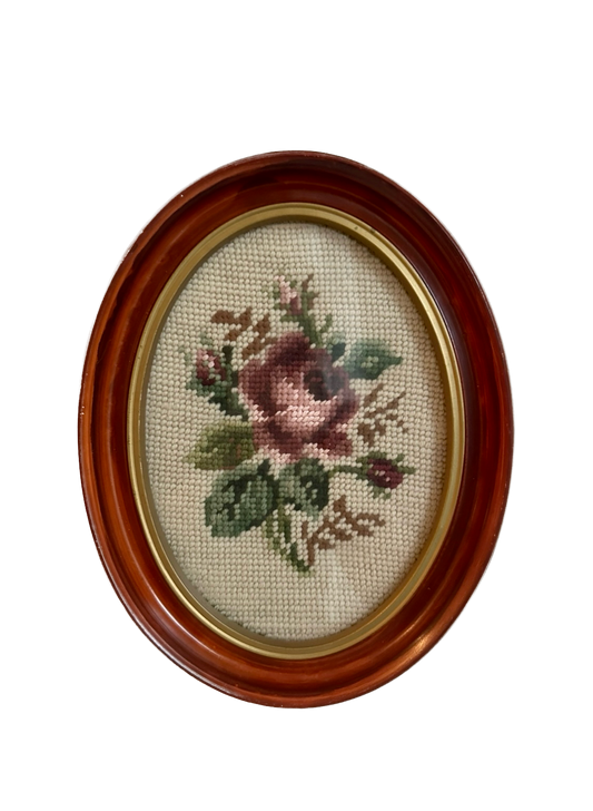 Vintage Oval Rose Framed Needlepoint