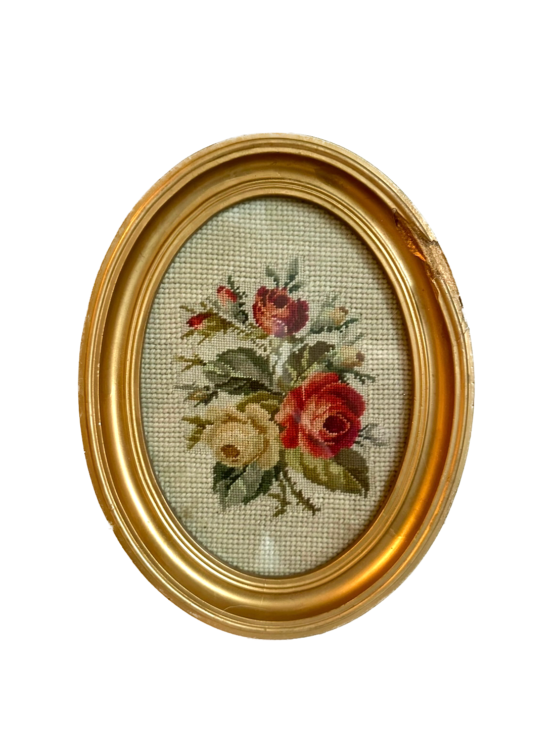 Vintage Rose Needlepoint in Oval Gold Frame