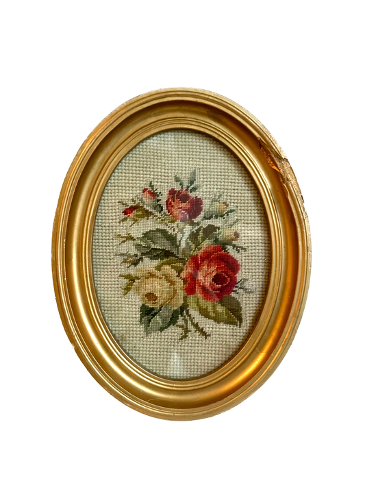 Vintage Rose Needlepoint in Oval Gold Frame