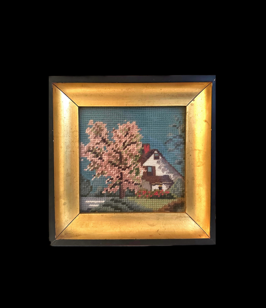 Vintage Cottage with Cherry Blossom Tree Framed Needlepoint