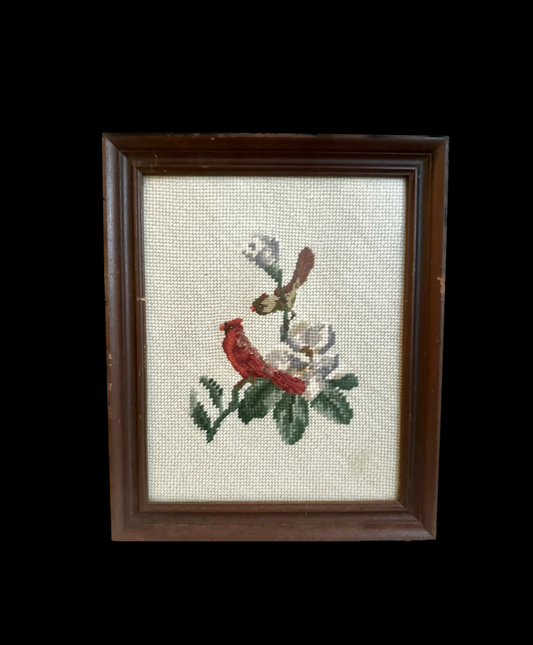 Vintage Perched Birds Framed Needlepoint
